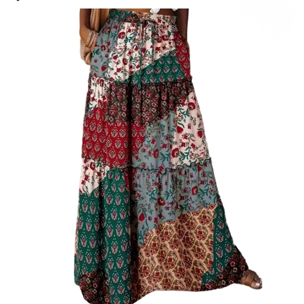 Skirt Maxi Patchwork Print Bohemian Long Pockets Skirts elastic Drawstring waist